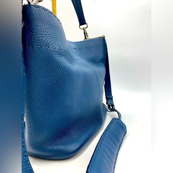 Auth Fendi Cuoio Romano Blue Selleria cLeather 2way Anna Bucket Bag Hobo Shopper - Picture 7 of 16